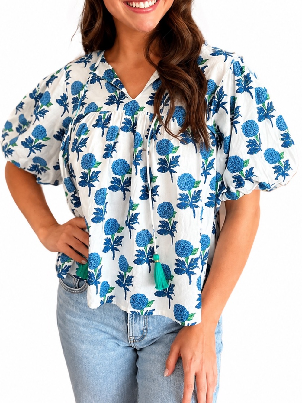 THML Blouse Top Shirt Puff Sleeve Blue Block Print Tassel Top Teacher Boutique